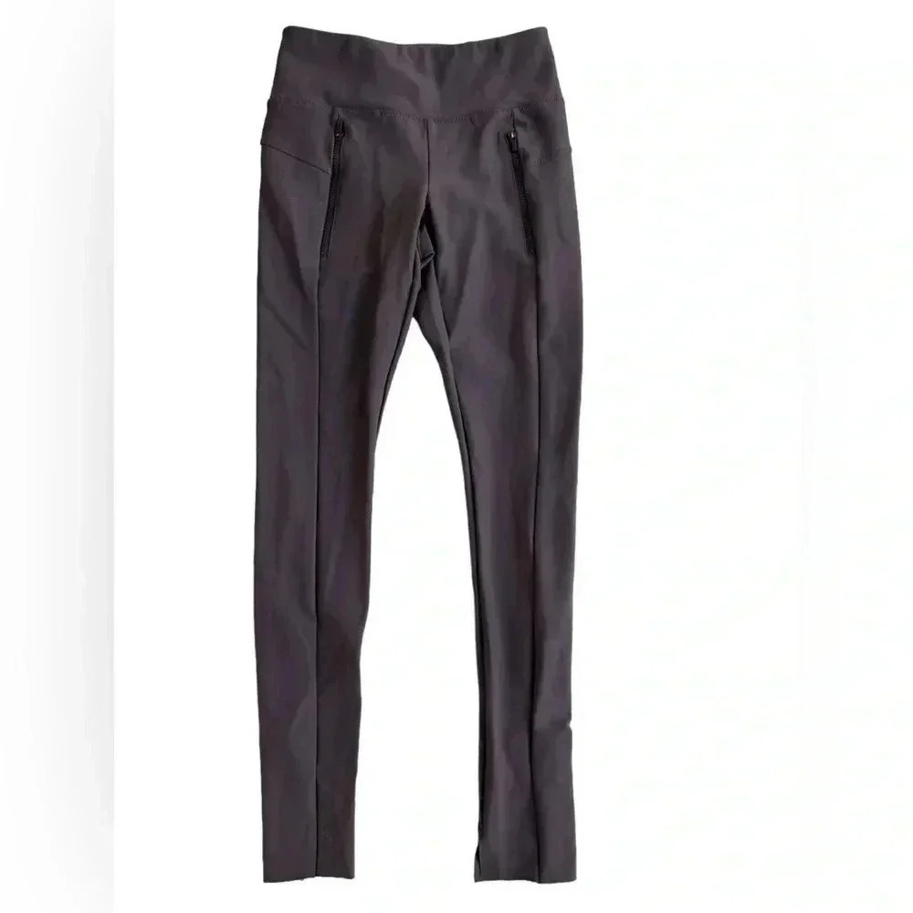Athleta Stellar Leggings Brown Travel Ankle Zip Pockets Raw Hem Size XXS